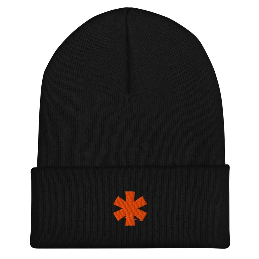 Black cuffed beanie with a single orange asterisk embroidered on the cuff