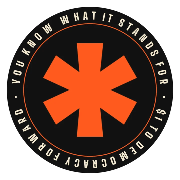 Round black sticker with a big orange asterisk, ringed by the words you know what it stands for