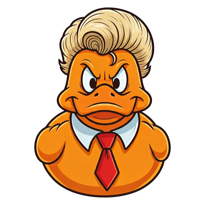 Die-cut sticker of the cartoon duck with the blond combover, red tie, and an angry scowl